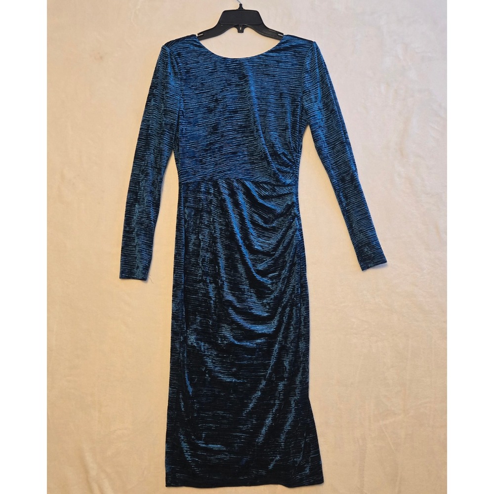 Teal Velvet Ruched Long Sleeve Midi Dress